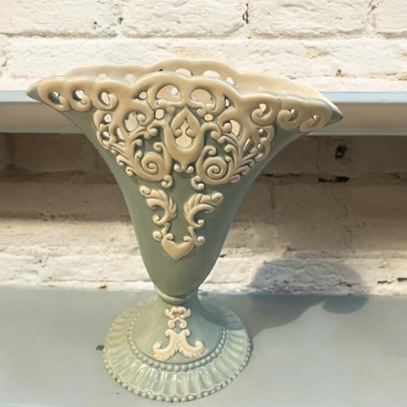 Burton & Burton Ceramic Sage Green & Cream Vase With Ornate Design - Picture 8 of 10